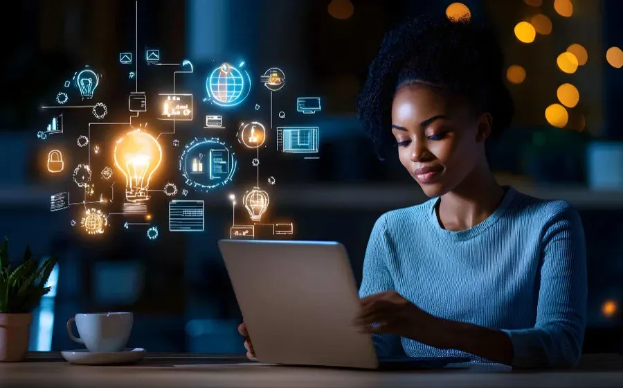 Femme travaillant sur son ordinateur portable, entourée d’icônes numériques lumineuses