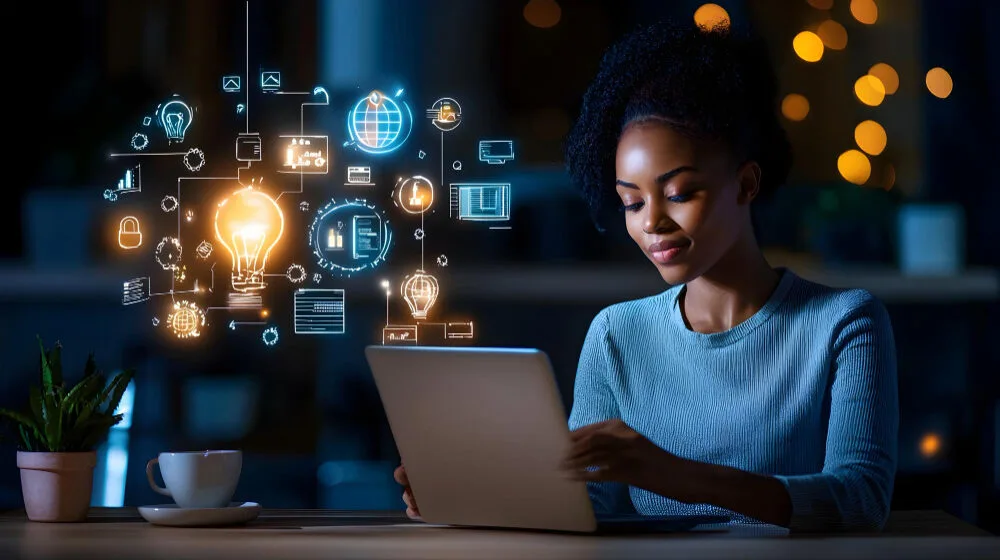 Femme travaillant sur son ordinateur portable, entourée d’icônes numériques lumineuses