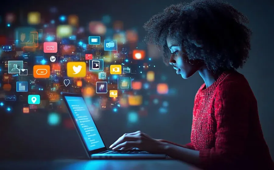 Femme sur son ordinateur portable, entourée d’icônes de réseaux sociaux