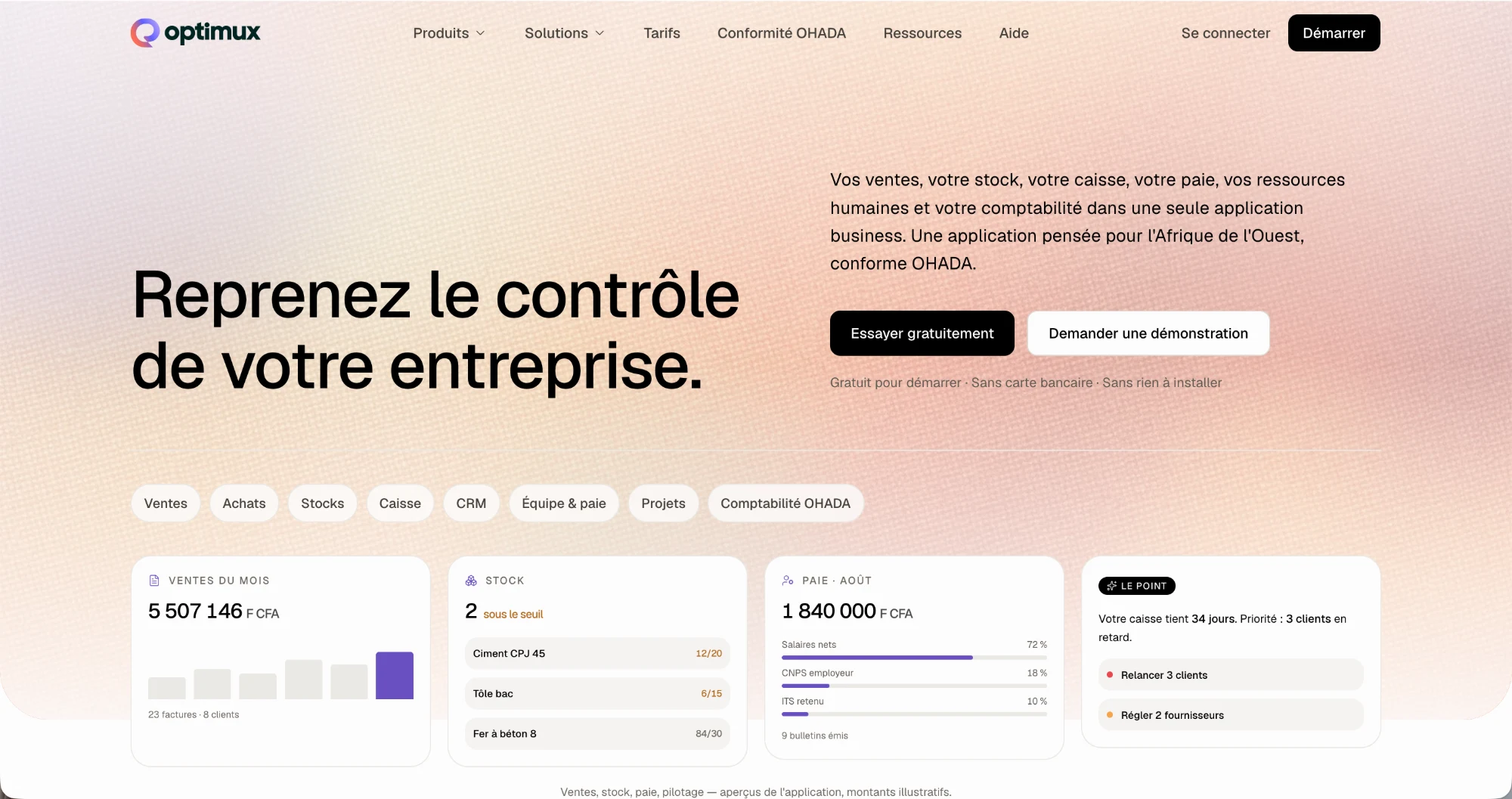 Optimux ERP : l’accueil du site du produit