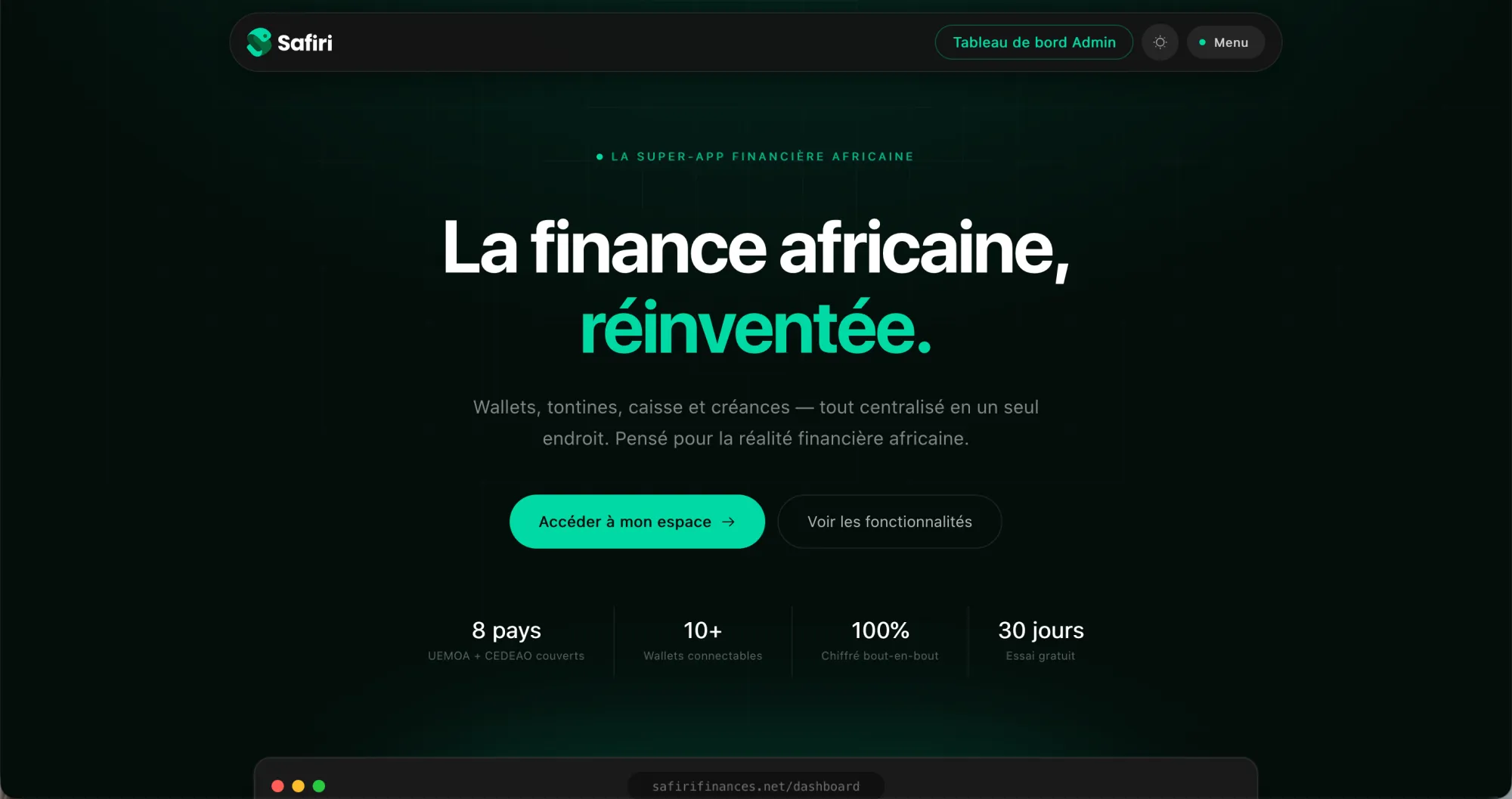 Safiri Finances : l’accueil du site du produit