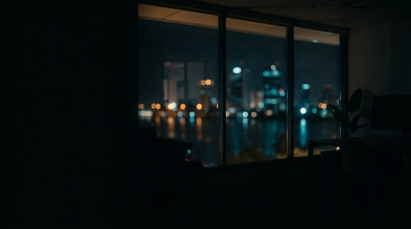 Un bureau de nuit dont la baie vitrée donne sur les lumières d’une ville au bord de l’eau