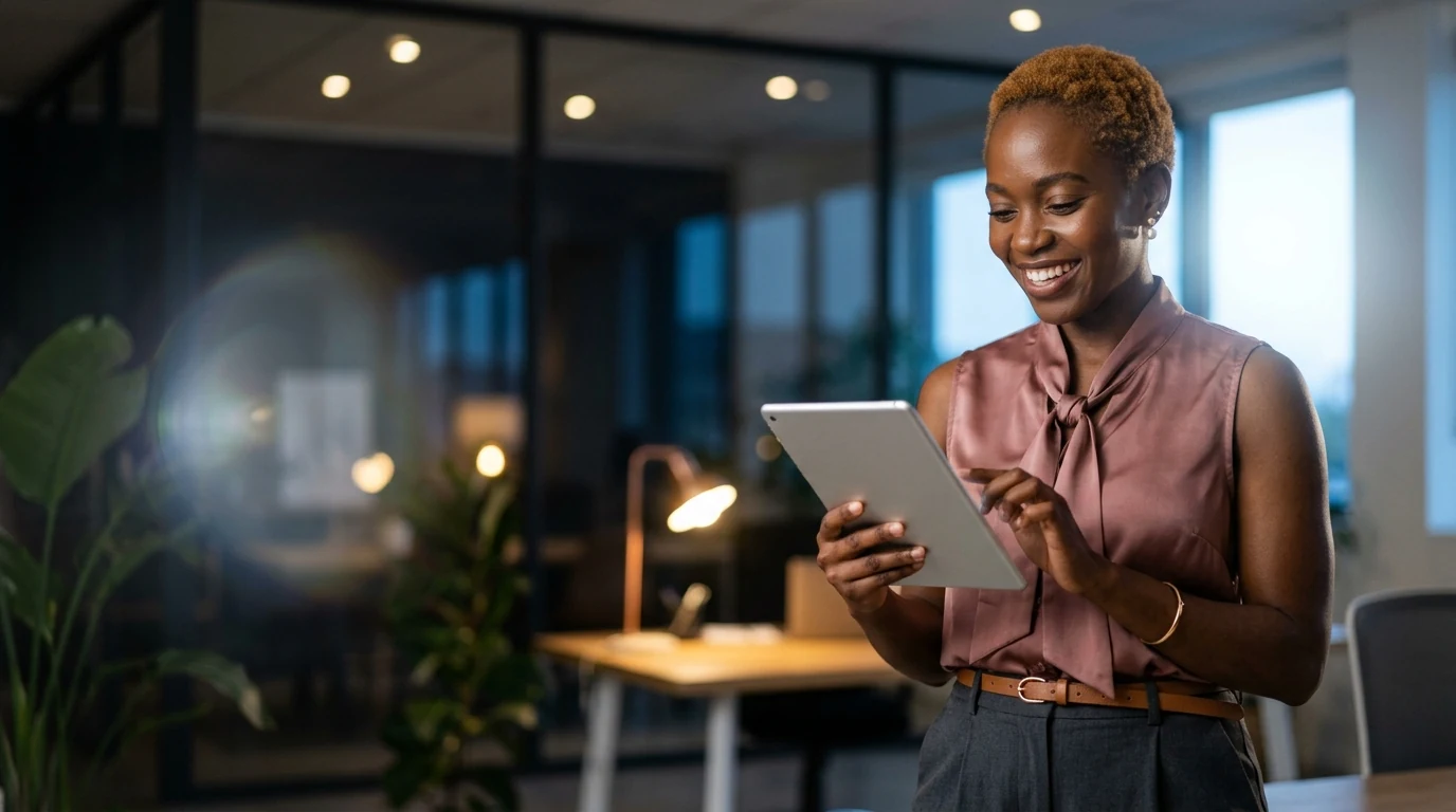 Une femme souriante consulte une tablette dans un bureau éclairé le soir