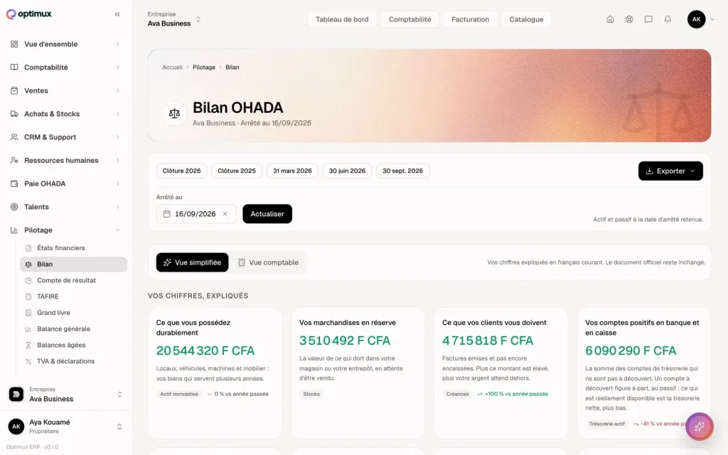 Optimux ERP : bilan OHADA expliqué