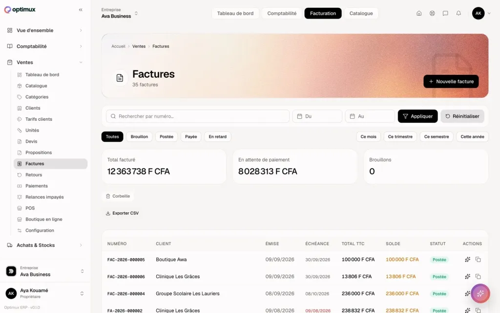 Optimux ERP : liste des factures