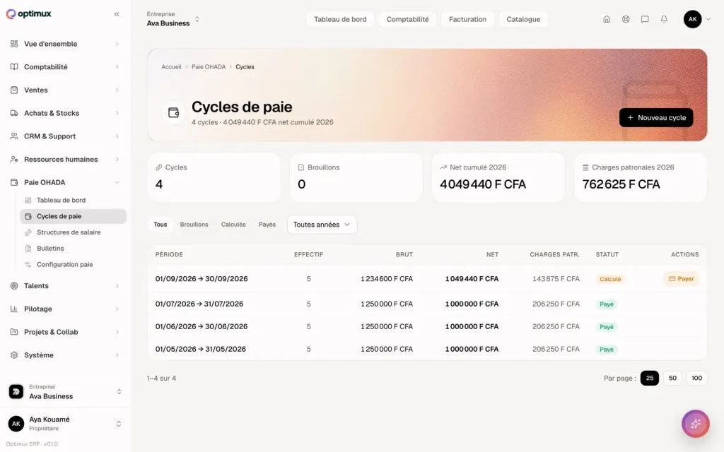 Optimux ERP : cycles de paie