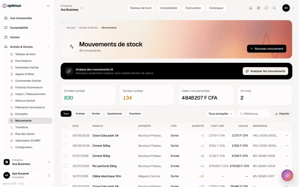 Optimux ERP : mouvements de stock