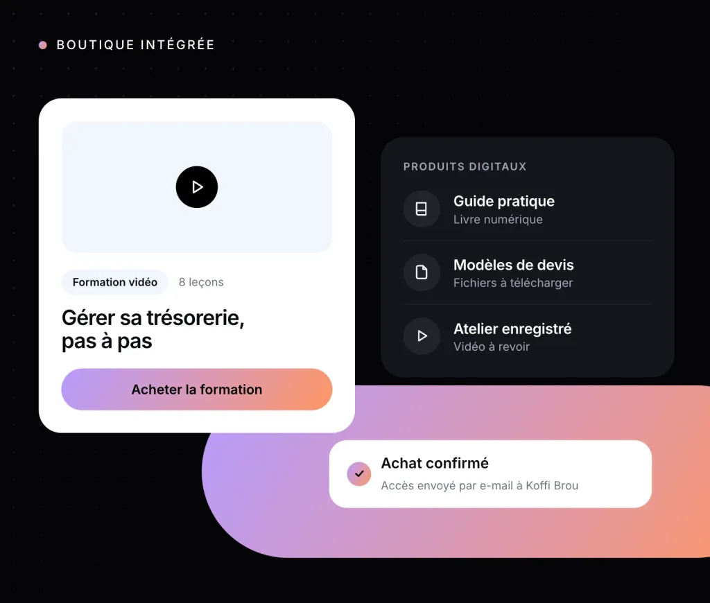 Illustration : une formation vidéo en vente et la liste des produits digitaux