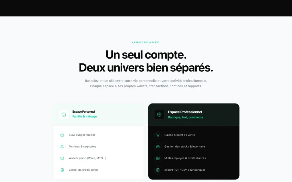 Safiri Finances : espace personnel et espace professionnel
