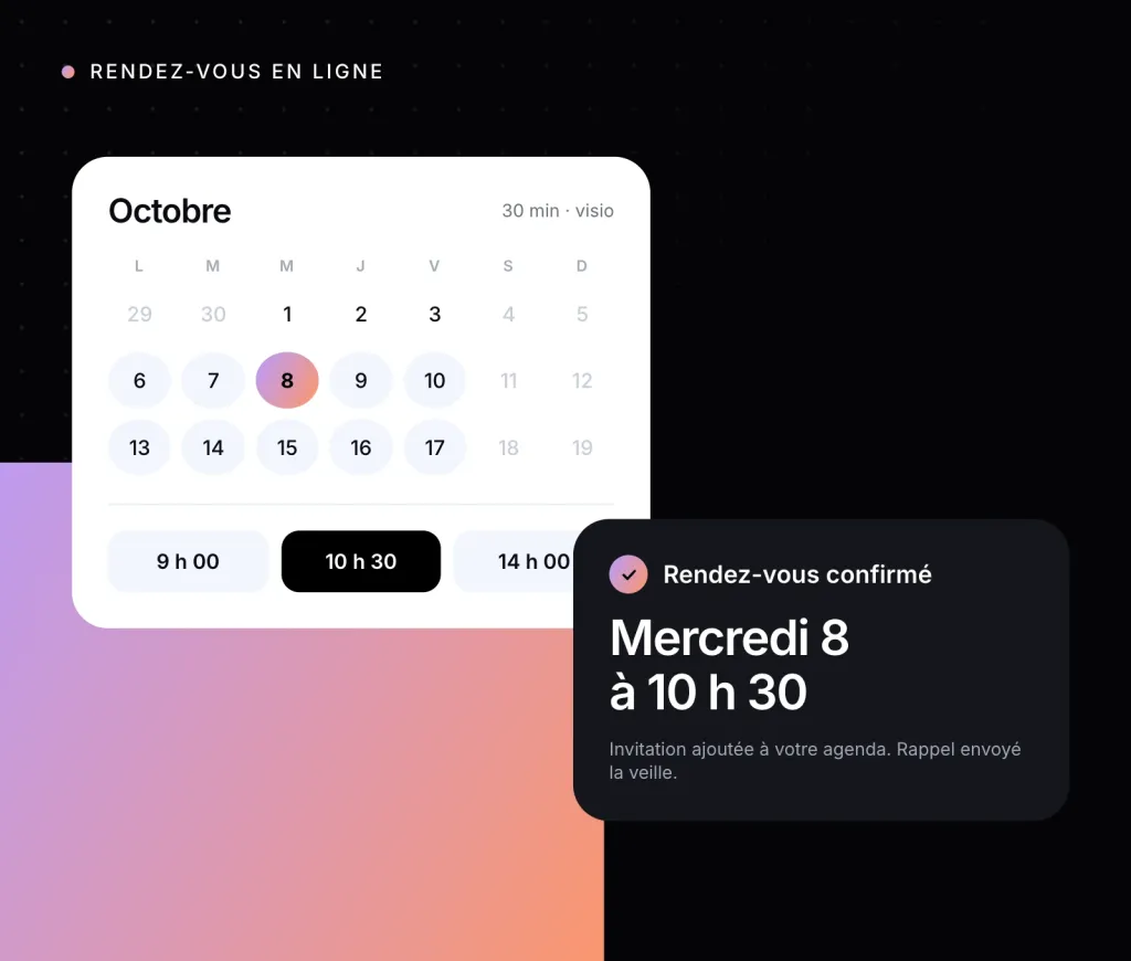 Illustration : un calendrier de prise de rendez-vous en ligne et la confirmation du créneau