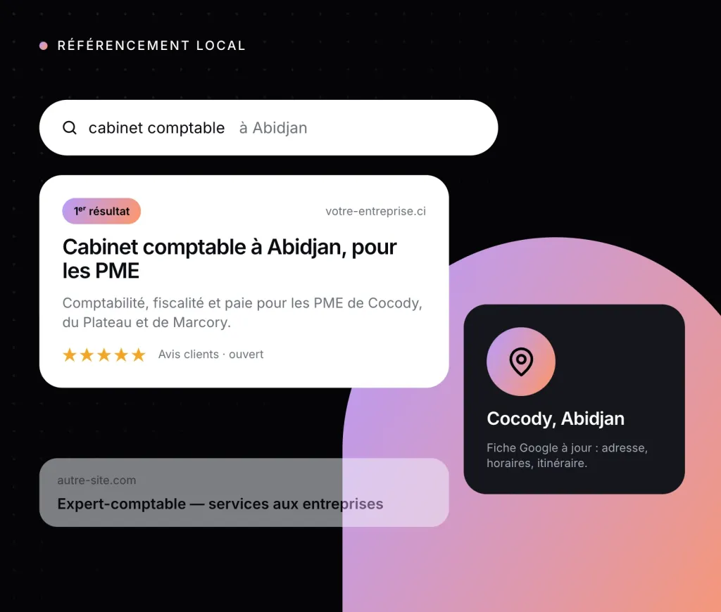 Illustration : une recherche Google à Abidjan où l’entreprise apparaît en premier résultat
