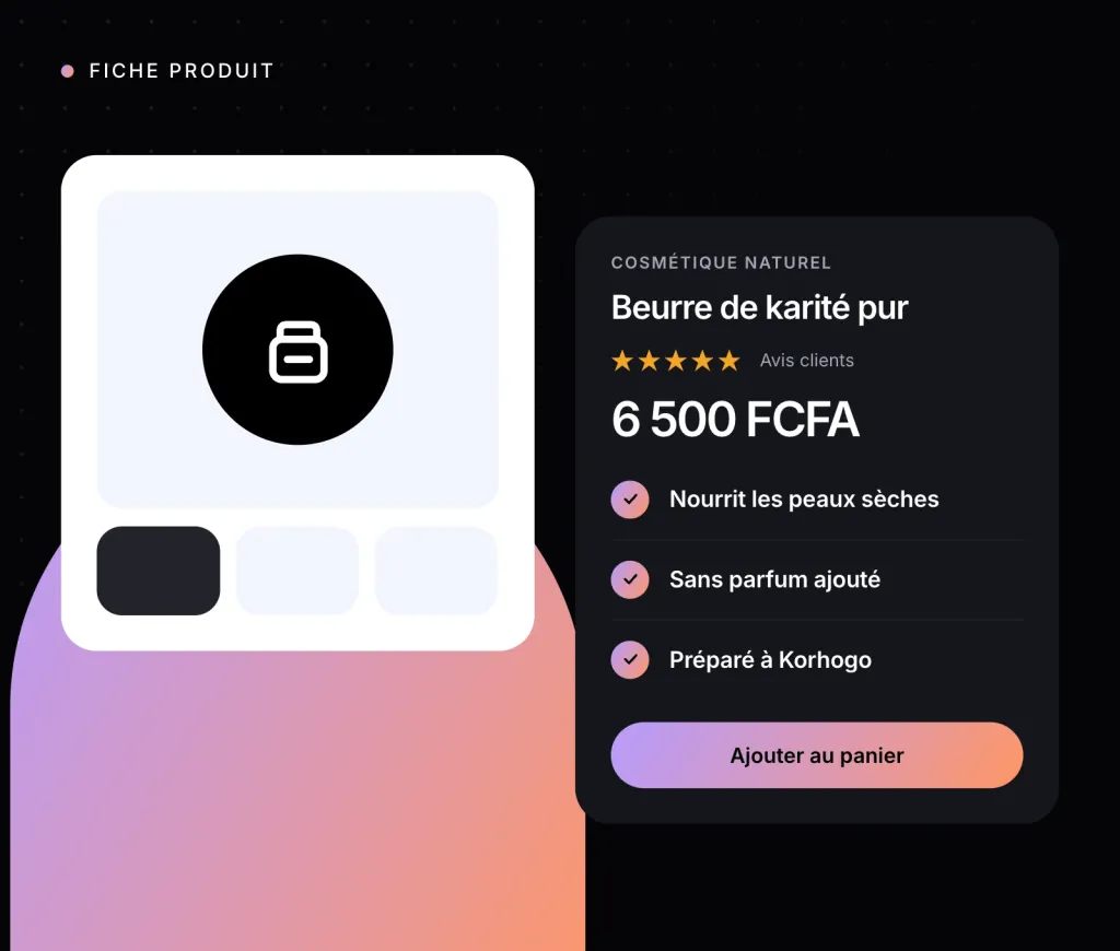 Illustration : une fiche produit avec visuel, bénéfices et bouton d’ajout au panier
