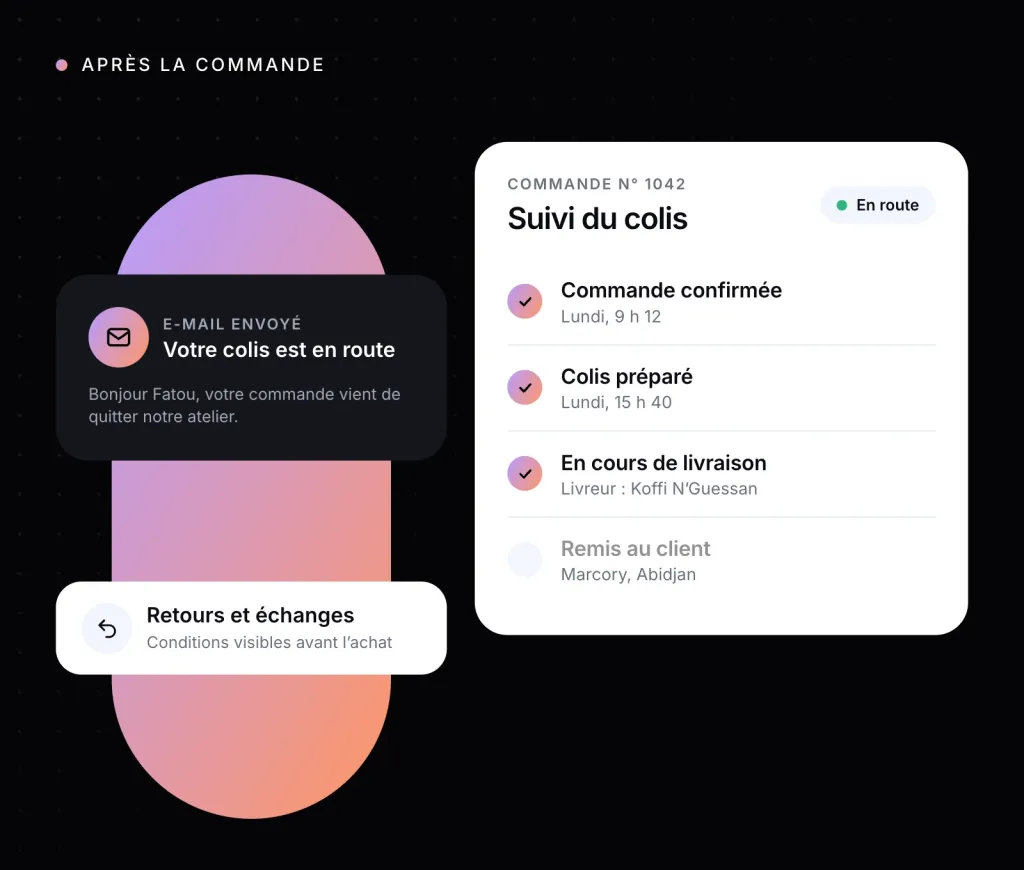 Illustration : le suivi d’un colis étape par étape et l’e-mail d’expédition