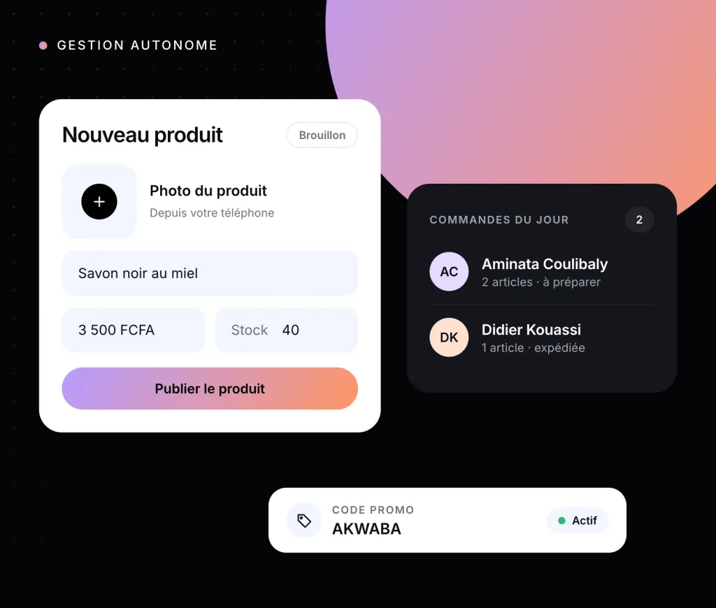 Illustration : l’ajout d’un produit, les commandes du jour et un code promo actif
